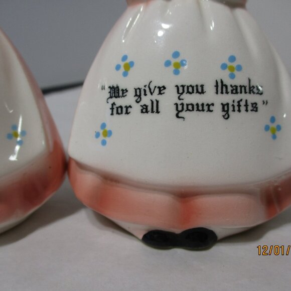 Vintage Enesco Praying Girls Ladies Salt & Pepper Pink Dresses. Give us This Day - Picture 10 of 11